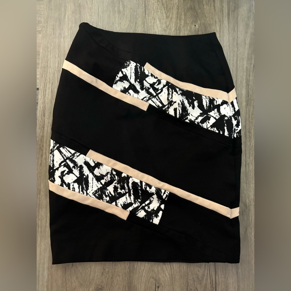 White House Black Market Womens Pencil Skirt Short Size 00 Black Tan Side Zip